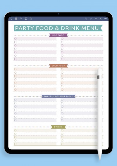 Party Menu - Casual Style Template for iPad & Android