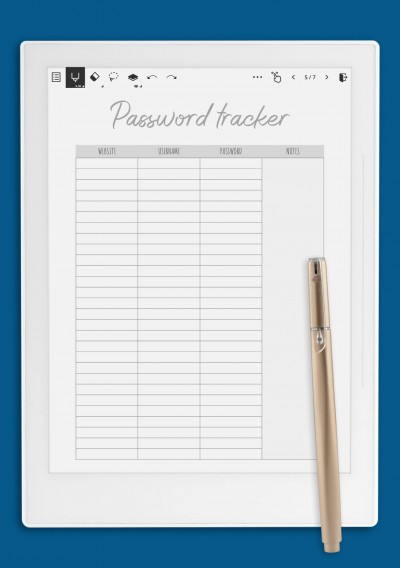 Password Tracker Template with Notes Section for Supernote