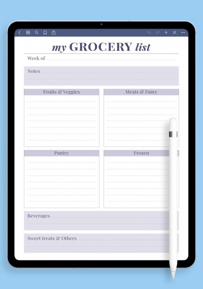 Personal Grocery List Template for GoodNotes