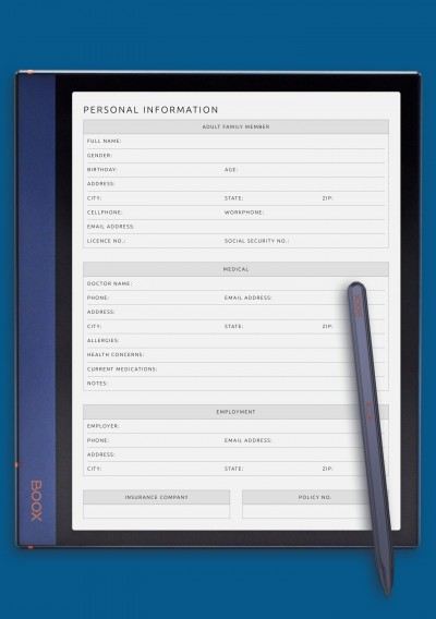 BOOX Note Personal Information For Adult Template