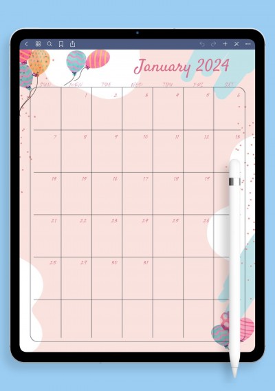 iPad & Android Template Pink Monthly Birthday Calendar