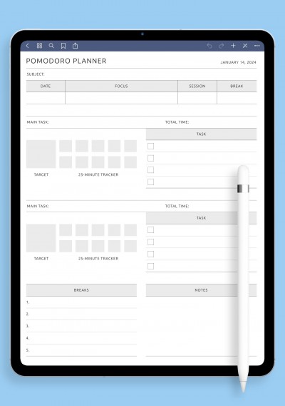 Pomodoro Planner Template for iPad