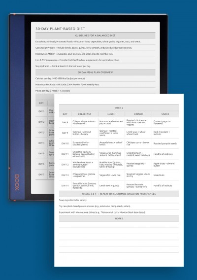 Printable 30-Day Plant-Based Diet Plan template for BOOX Note