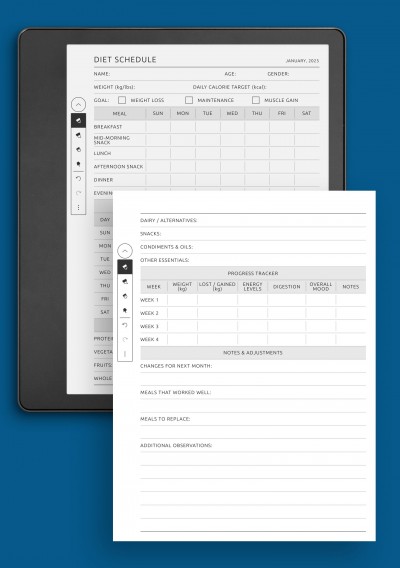 Printable Diet Planner with Meal Schedule, Calories &amp; Macros template for Kindle Scribe