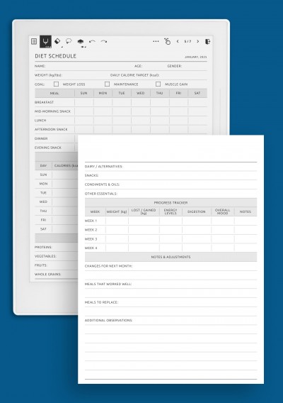 Printable Diet Planner with Meal Schedule, Calories &amp; Macros template for Supernote