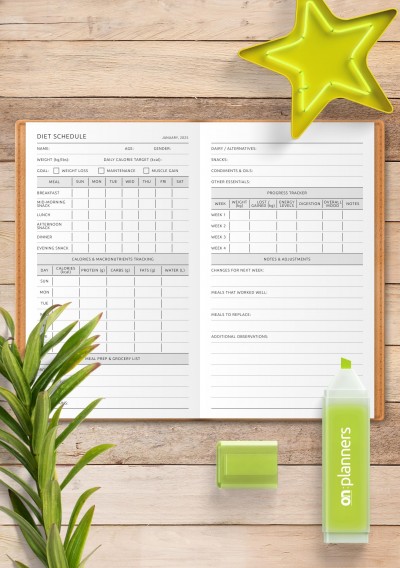 TN Printable Diet Planner with Meal Schedule, Calories & Macros