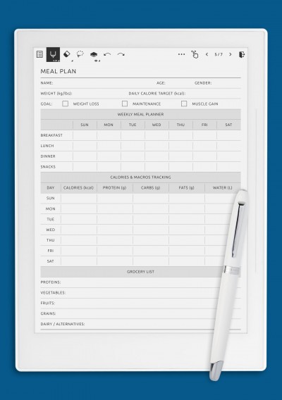 Printable Eating Plan with Macronutrients &amp; Weekly Meals template for Supernote