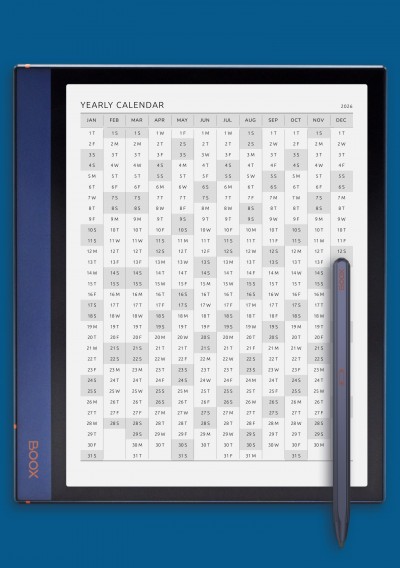 Printable Yearly Calendar with Week Numbers template for BOOX Note