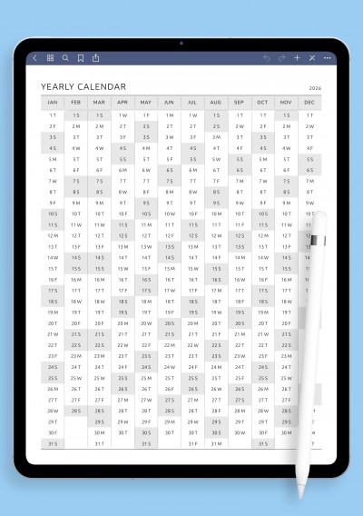 Printable Yearly Calendar with Week Numbers template for GoodNotes