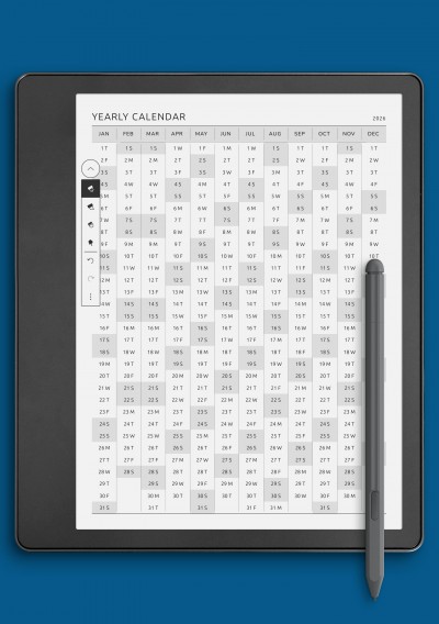 Printable Yearly Calendar with Week Numbers template for Kindle Scribe