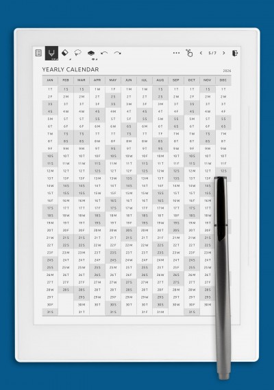 Printable Yearly Calendar with Week Numbers template for Supernote