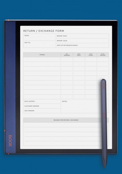 Return / Exchange Form Template for BOOX Note