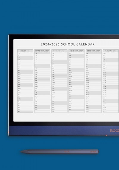 Horizontal School Calendar Template for Onyx BOOX