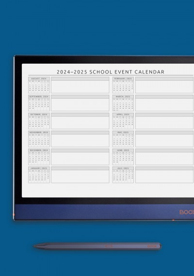 Horizontal School Event Calendar Template for Onyx BOOX