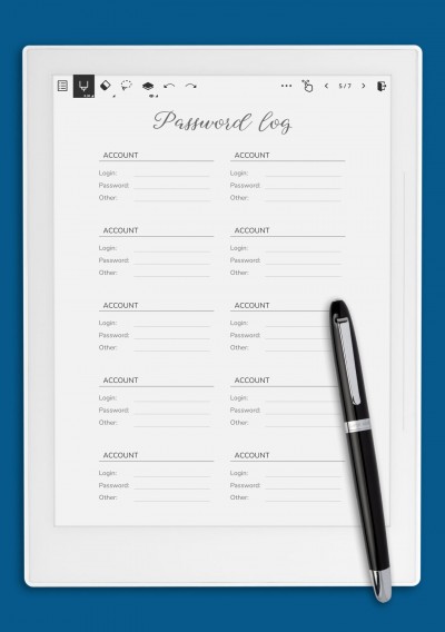 Simple Font Password Log Template for Supernote