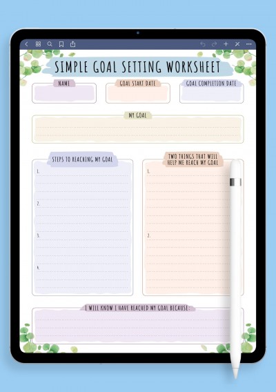 Simple Goal Setting Worksheet - Floral Style Template for GoodNotes
