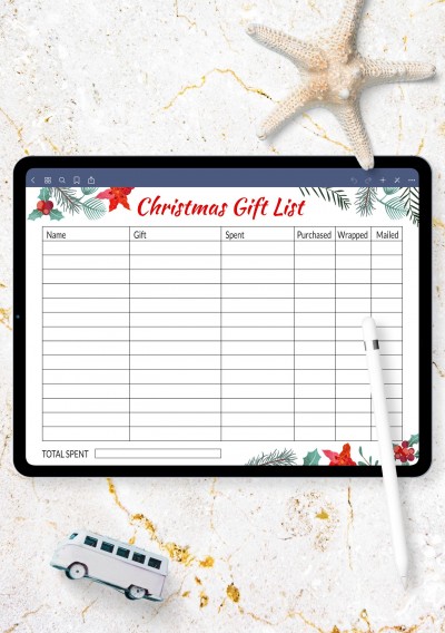 iPad & Android Simple Horizontal Christmas Gift List Template