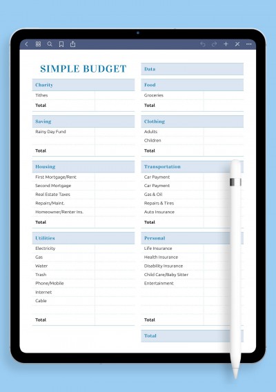 Simple Household Budget Template for iPad Pro