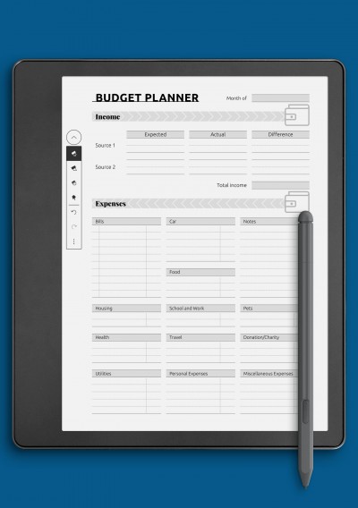 Simple monthly budget template for Kindle Scribe