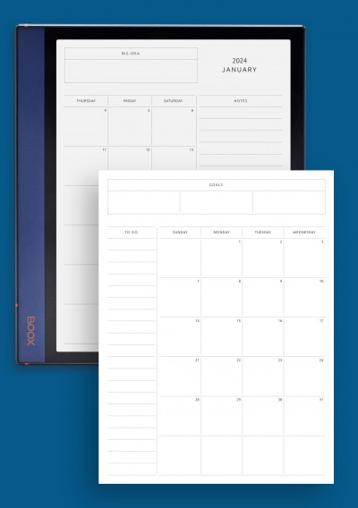 BOOX Note Air Simple Monthly Calendar with Notes, To-Do, Goals, Ideas Template