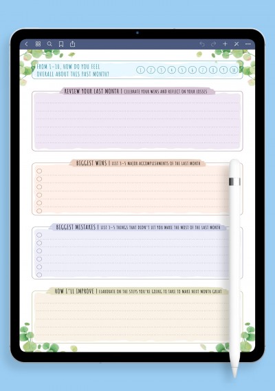 Simple Monthly Goal Review Template - Floral Style for iPad