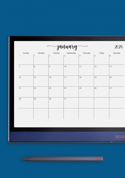 Horizontal Spacious Monthly Calendar Grid Template for Onyx BOOX