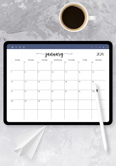 Horizontal Spacious Monthly Calendar Grid for iPad & Android