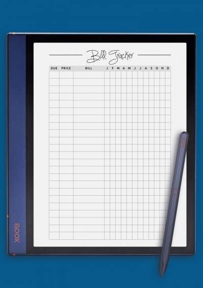 Square grid monthly bill tracker template for BOOX Note