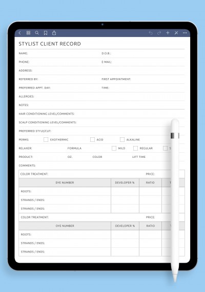 Stylist Client Record Template for GoodNotes