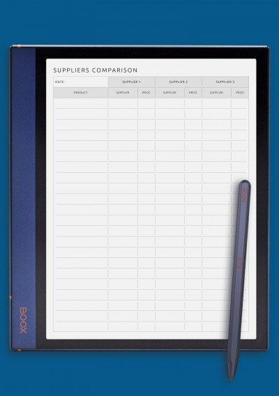 Suppliers Comparison Template for BOOX Note