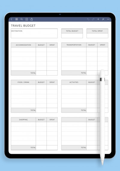 Travel Budget template for GoodNotes