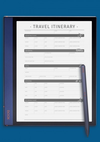 Travel Itinerary Template for ONYX BOOX