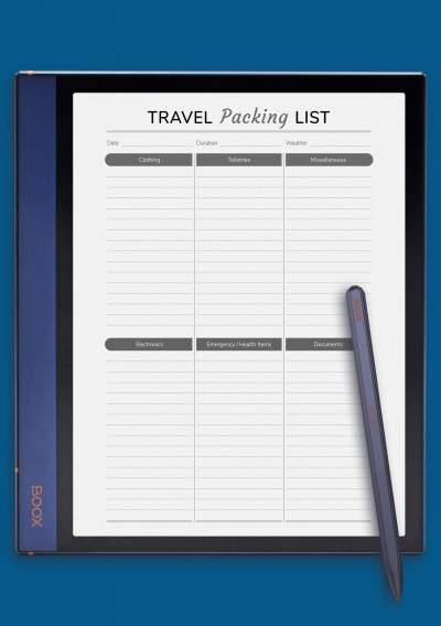 Travel Packing List template for BOOX Note