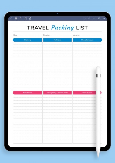 Travel Packing List Template for iPad