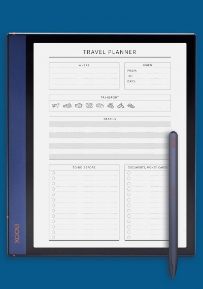 Travel Planner Template - Original Style Template for BOOX Note