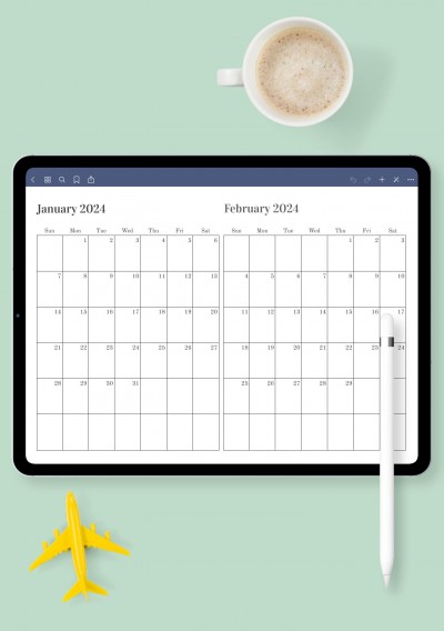 Horizontal Two Months on One Page Calendar for iPad