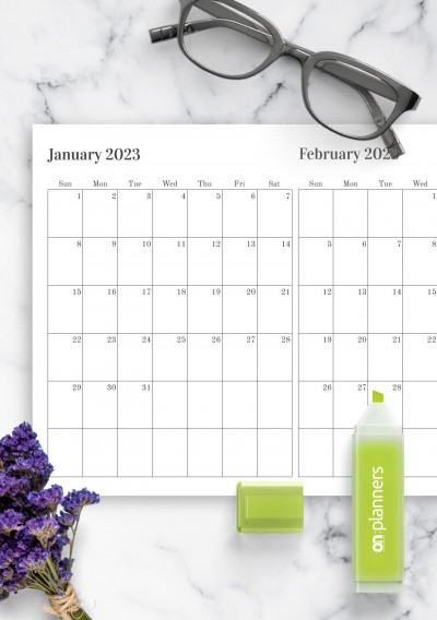 Download Printable Two Months on One Page Calendar PDF