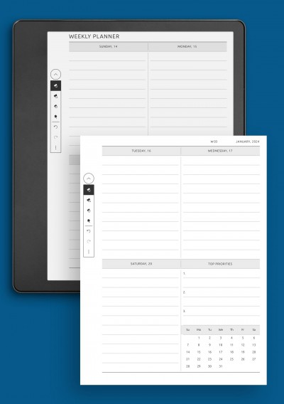 Two-Page Weekly Schedule with All Days Equal Size Template for Kindle Scribe