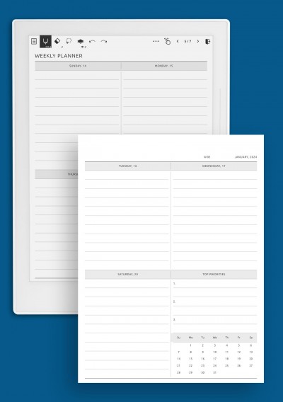 Two-Page Weekly Schedule with All Days Equal Size Supernote