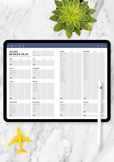 iPad Two-pages monthly budget plan template
