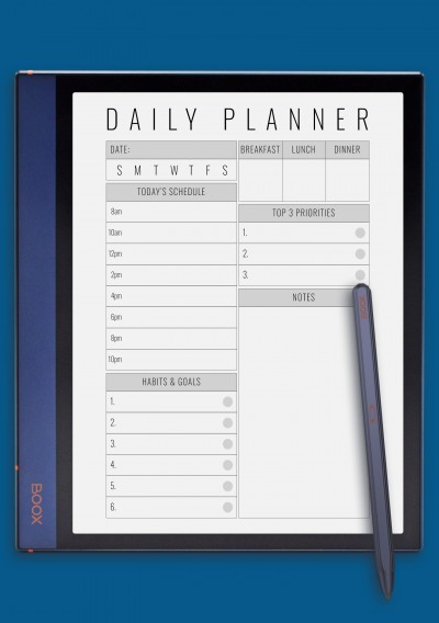 Undated daily planner with big section for notes template for BOOX Note