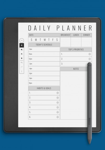 Undated daily planner template with big section for notes for Kindle Scribe