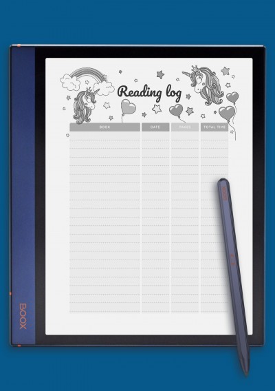 Unicorn Reading Log Template For Kids for BOOX Note