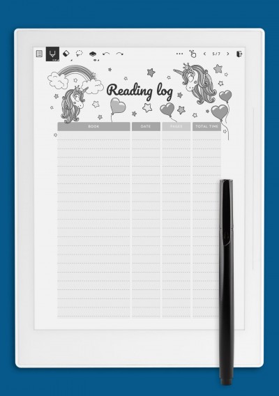 Unicorn Reading Log Template For Kids for Supernote