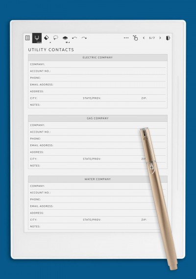 Utility Contacts Template for Supernote A5X