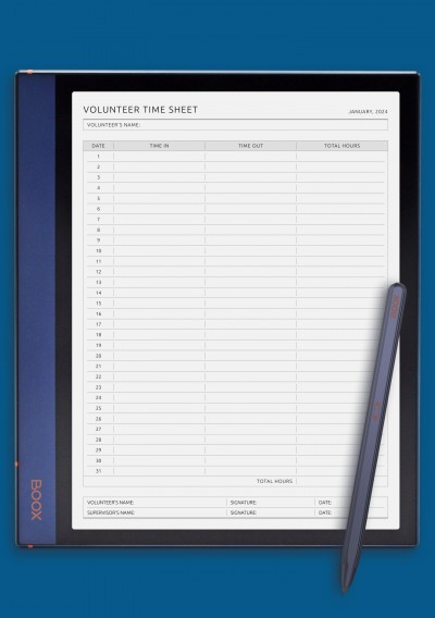 Volunteer Time Sheet Template for BOOX Note Air