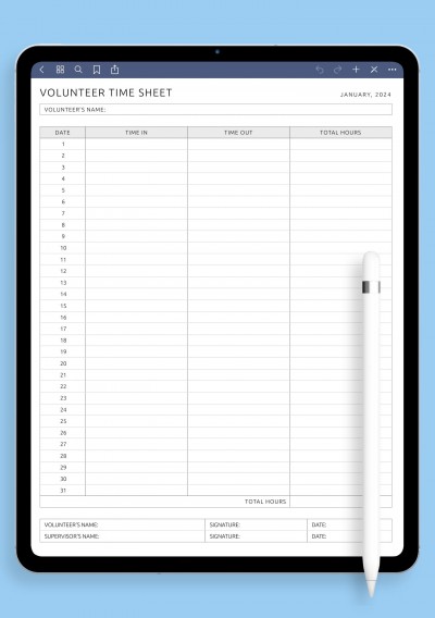 Volunteer Time Sheet Template for Notability