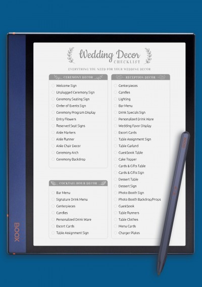 Wedding Decor Checkist - Elegance Style Template for BOOX Note