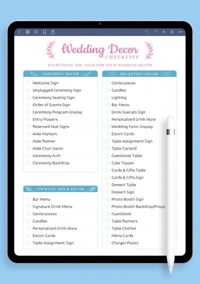 iPad Pro Wedding Decor Checkist - Elegance Style Template