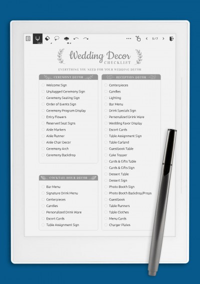 Supernote A6X Wedding Decor Checkist - Elegance Style Template
